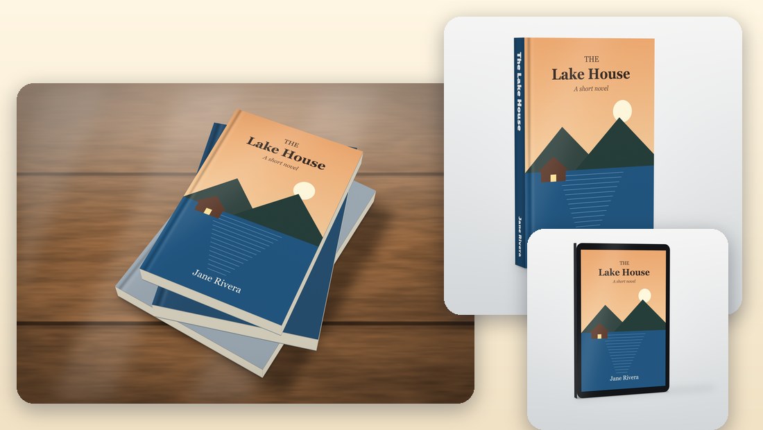 Book Publishing Studio: mockups of a book on a table, standing and on a tablet