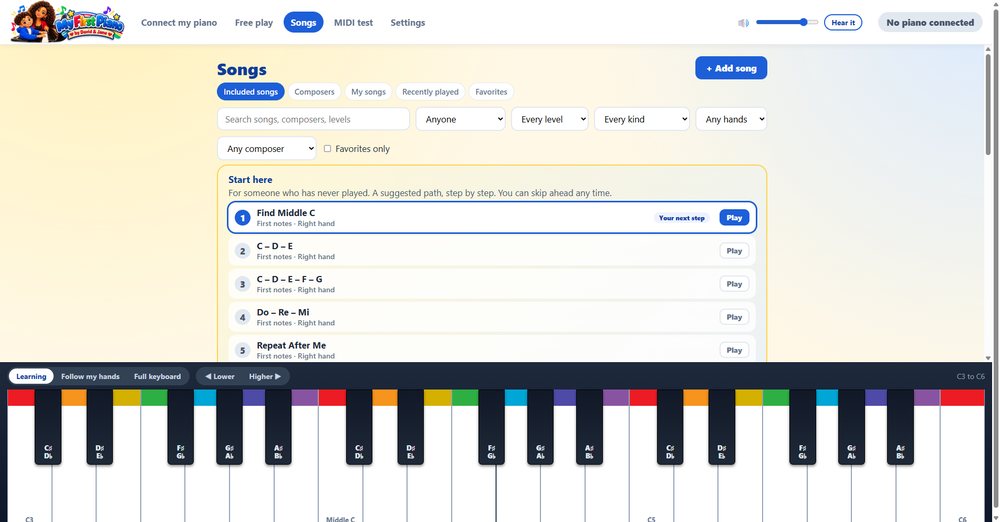 The Songs screen with the Start here path