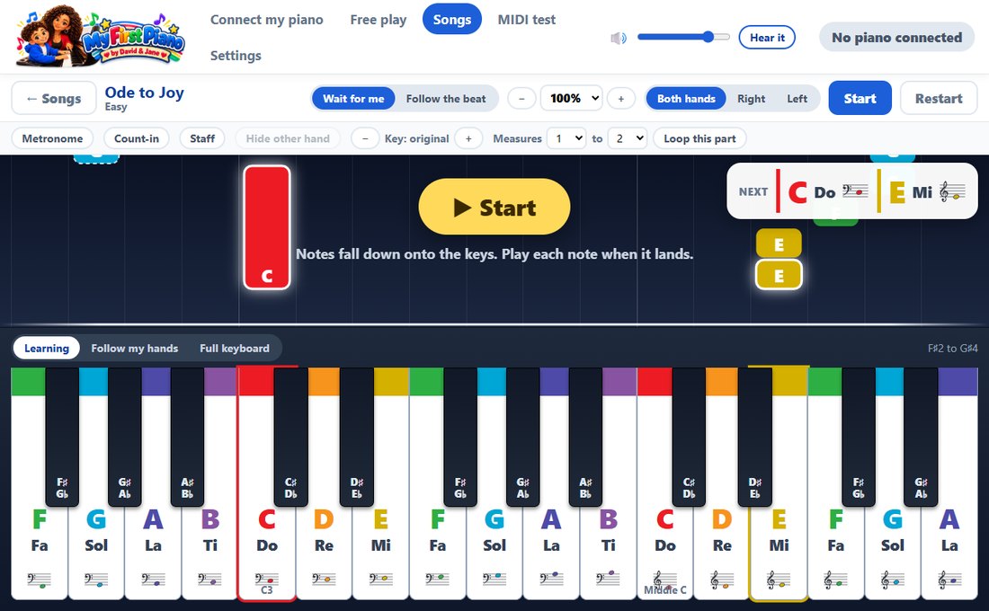 My First Piano showing colorful notes falling onto a piano keyboard