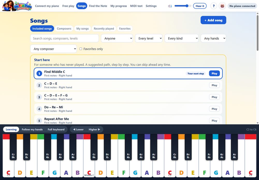 Songs: a Start here path for first-time players