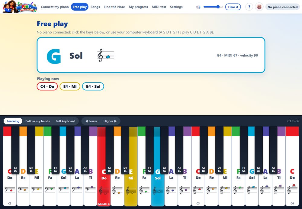 Free play: every key shows its name and place on the staff