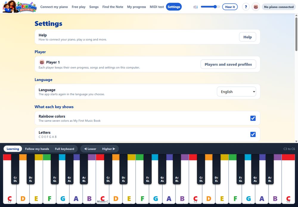 Settings: language, colors, sound and more