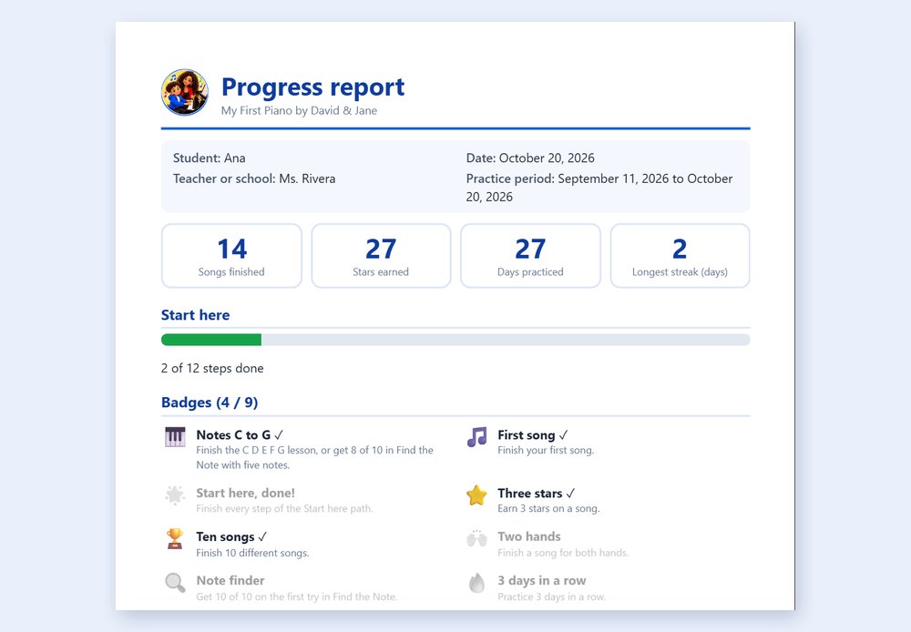 Progress report: a school-style PDF to share with a teacher or family