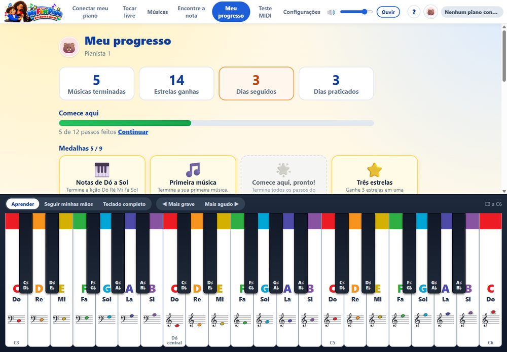 Meu progresso: estrelas, dias seguidos e medalhas